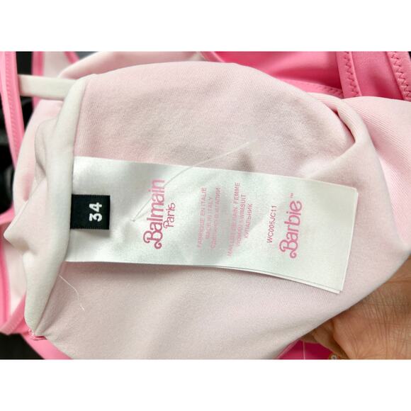 NWT Balmain x Barbie Logo Scoop Neck Open Back One-Piece Swimsuit Pink Size 34/2 - Picture 7 of 8
